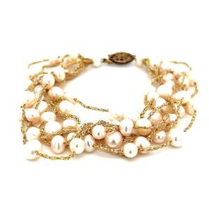 925 Clasps Gold Tone Real Pearls Multi-Strand Bracelet (c)